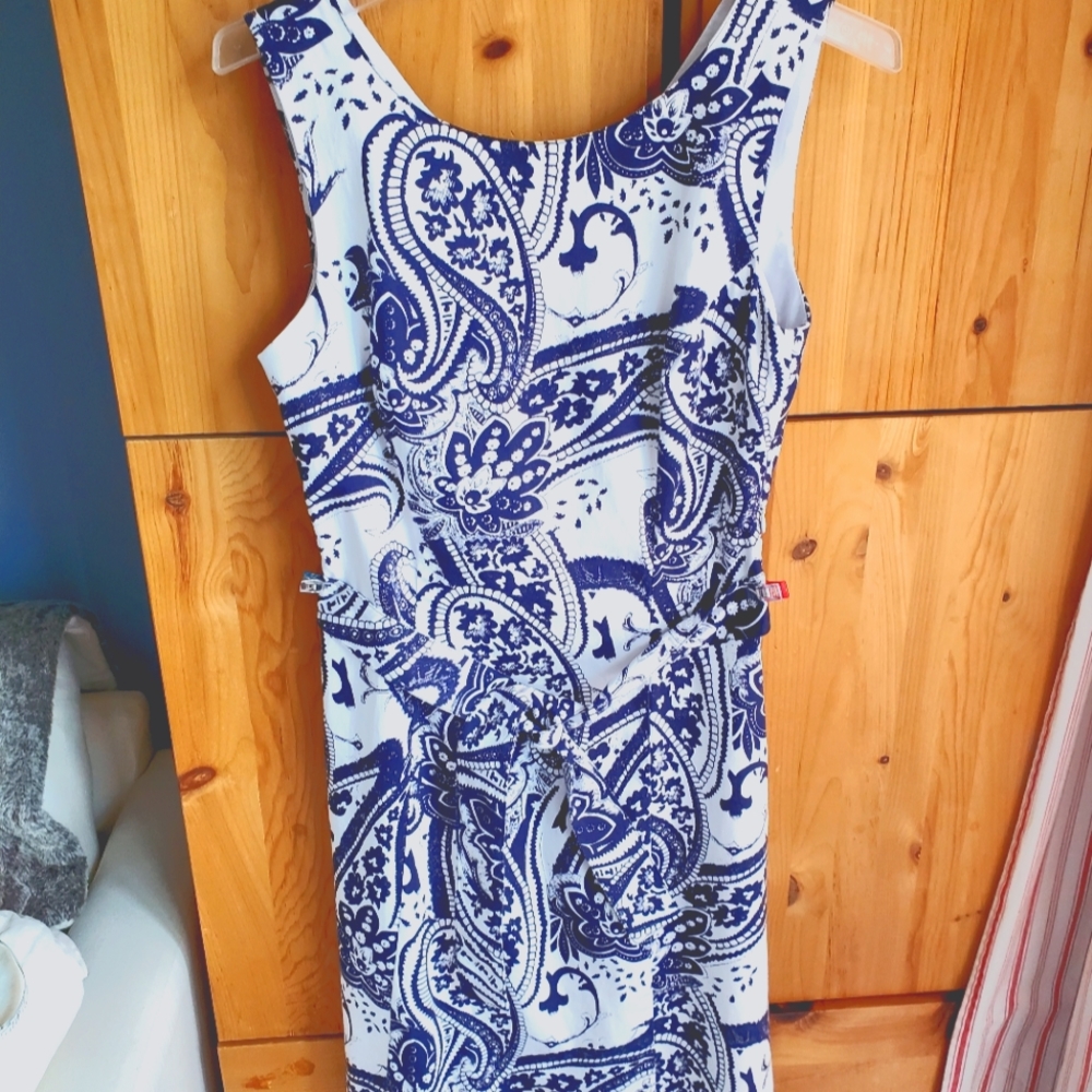 Linea Domani Navy & White Patterned Lined Sleeveless Sheath Dress size 6